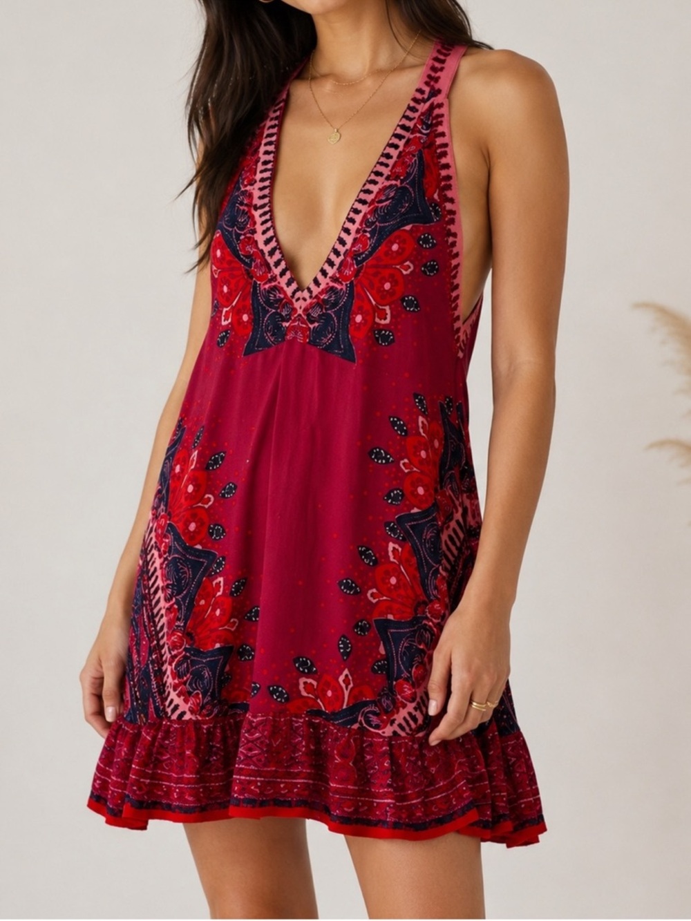 Free People Steal the Sun Tunic Mini Dress Boho Halter Pink Red Print Size M